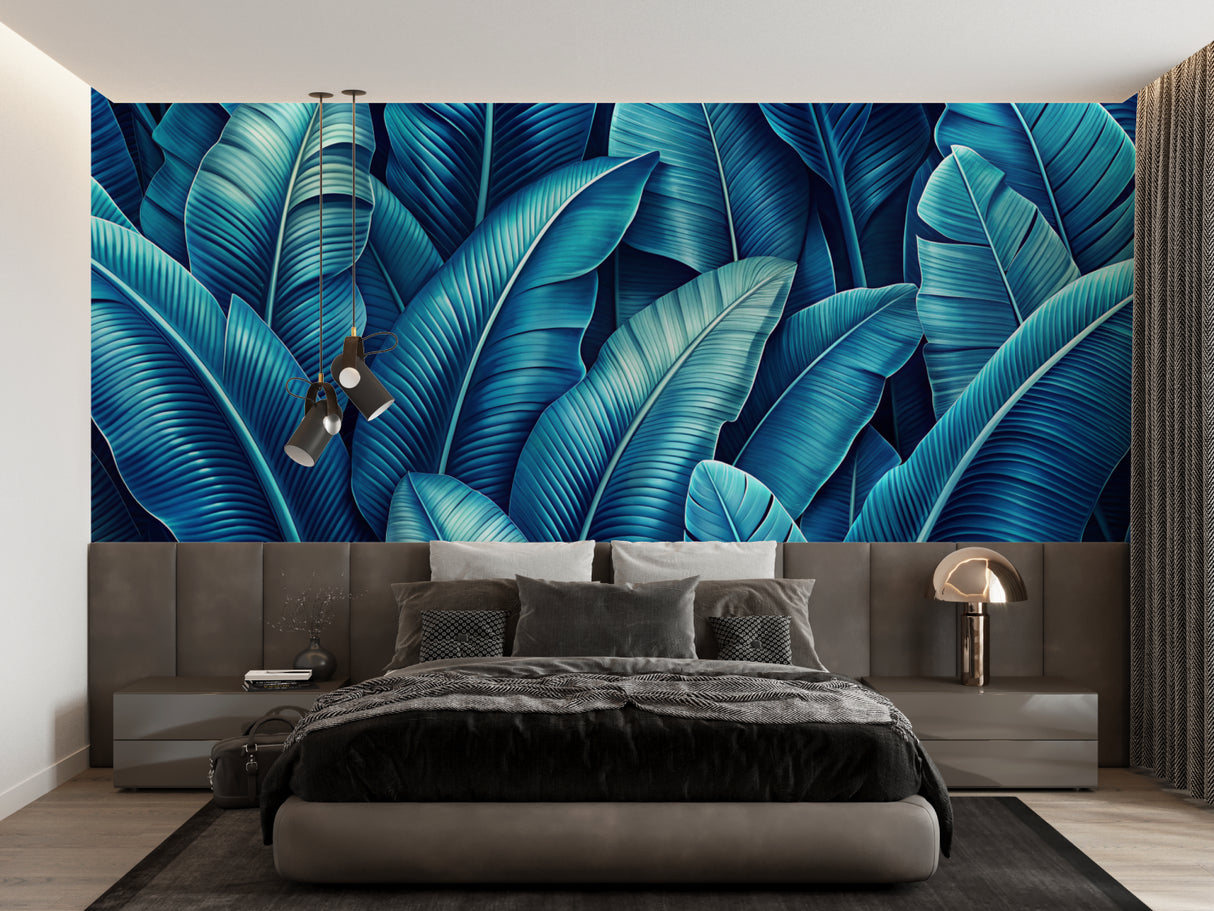 Large-scale blue banana leaf pattern transforming home office space