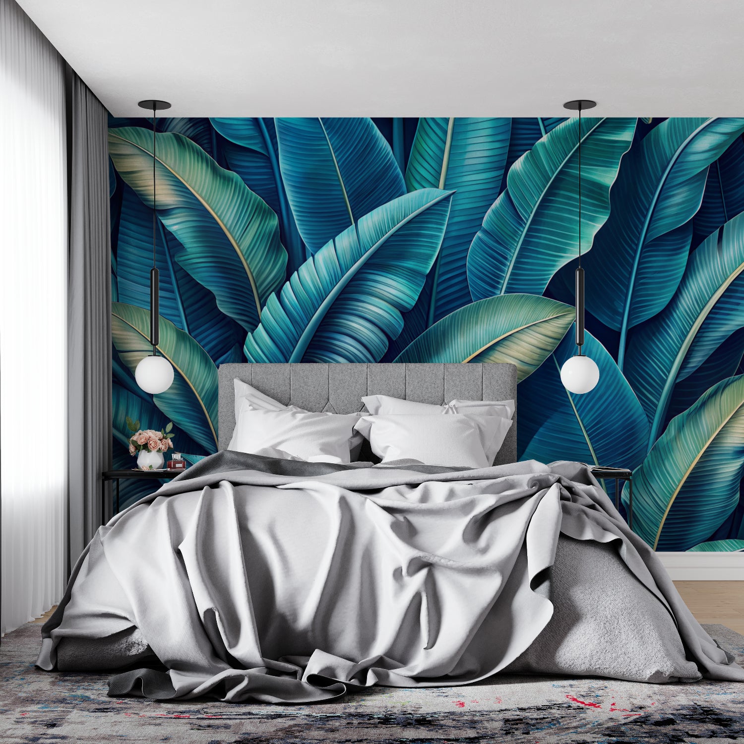 Tropical leaf wallpaper creating a stunning focal point in a modern living room with white furniture