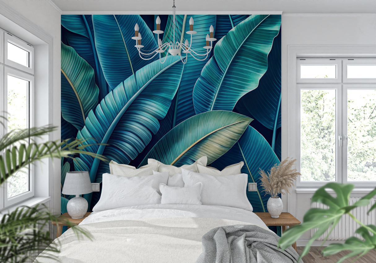 Palm leaf wall mural bringing resort vibes to a master bedroom