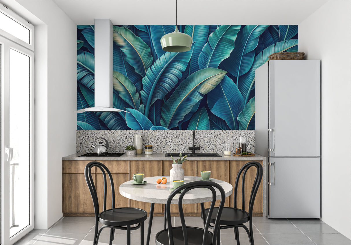 Blue-green tropical wallpaper making a statement in a dining room