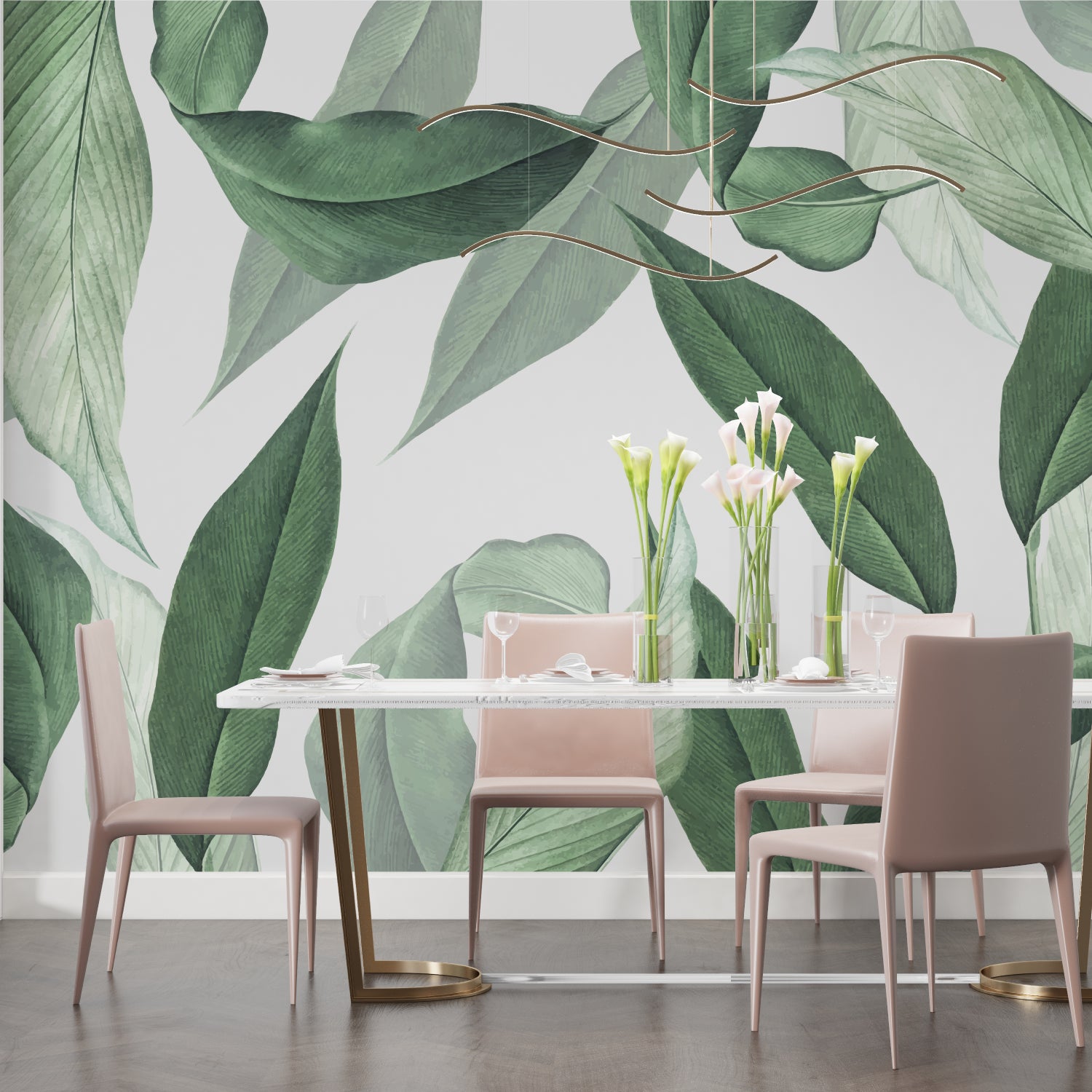 Botanical wall mural adding depth to dining room with minimal furniture