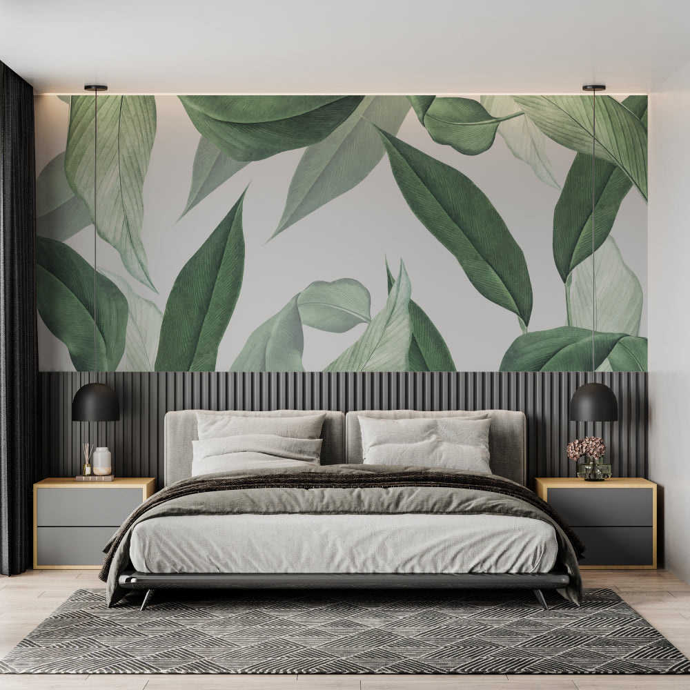 Tropical foliage wallpaper making statement in master bedroom with natural light