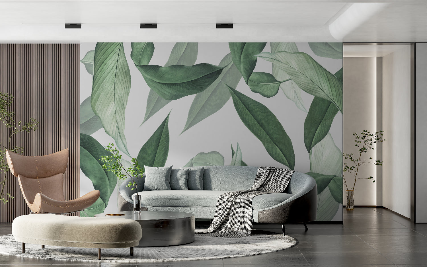 Green leaf mural creating focal point in contemporary hallway space