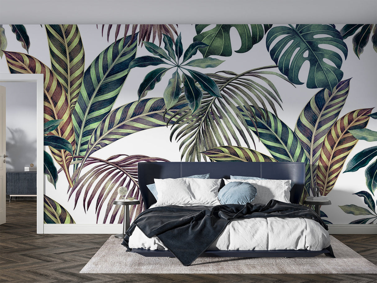Monstera leaf mural bringing nature into bright dining room setting