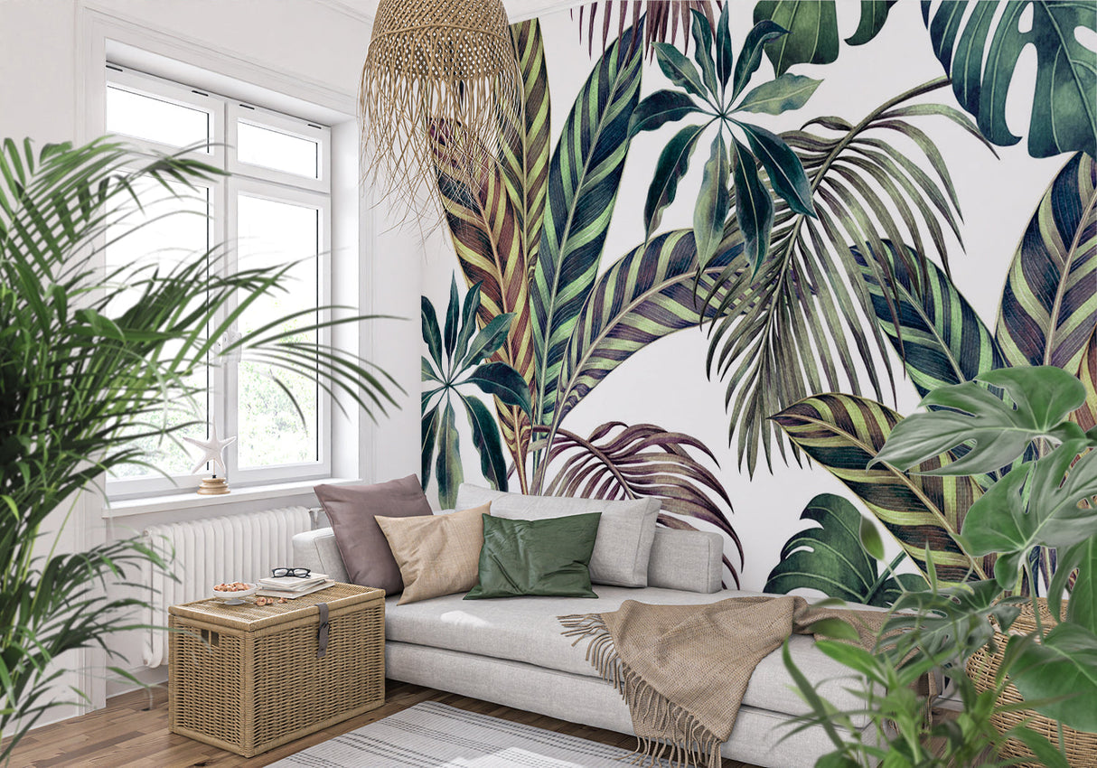 Bold botanical wallpaper making statement in home office space