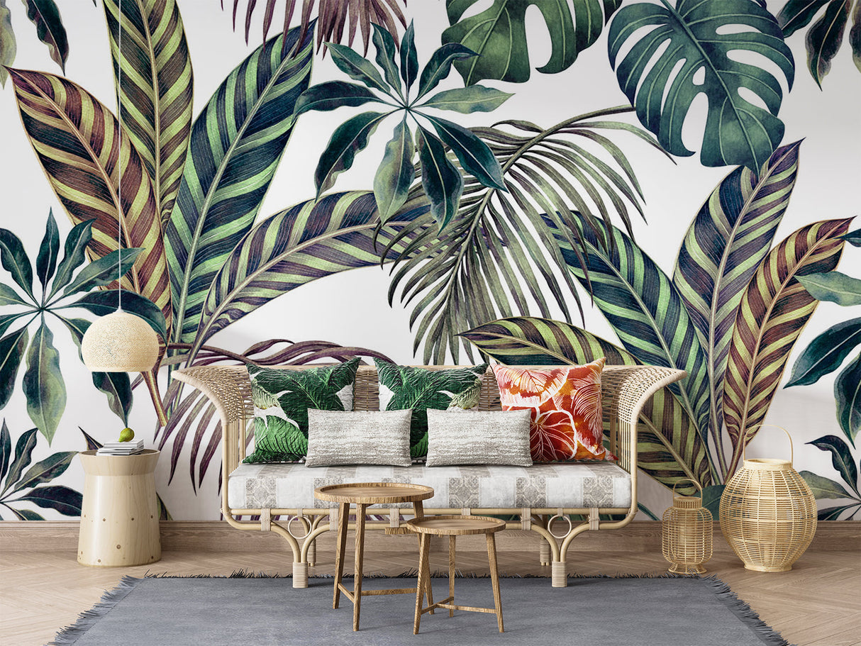 Tropical wall mural adding fresh feel to master bedroom