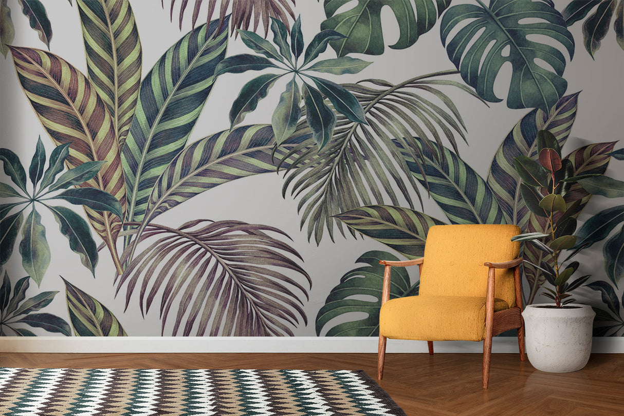 Large leaf wallpaper creating depth in minimalist entrance hall