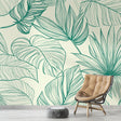Tropical leaf line art wallpaper in a bright modern living room, bringing natural elegance to the space