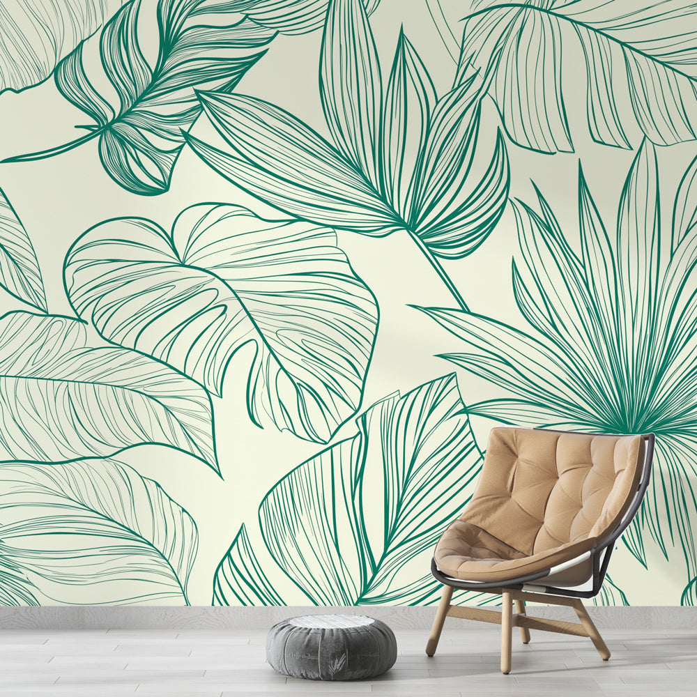 Tropical leaf line art wallpaper in a bright modern living room, bringing natural elegance to the space