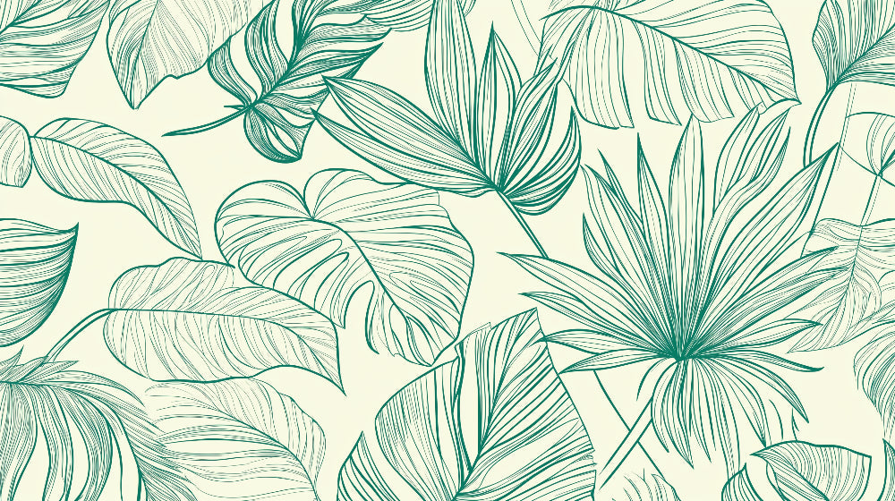 Green botanical line art wallpaper design file showing delicate leaf pattern on cream background