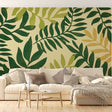 Tropical leaf wallpaper creating a fresh atmosphere in a modern living room with natural light and green accents