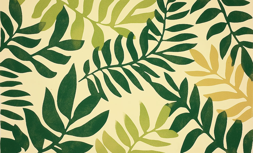 Modern botanical pattern design file showing detailed tropical green leaves on warm beige background