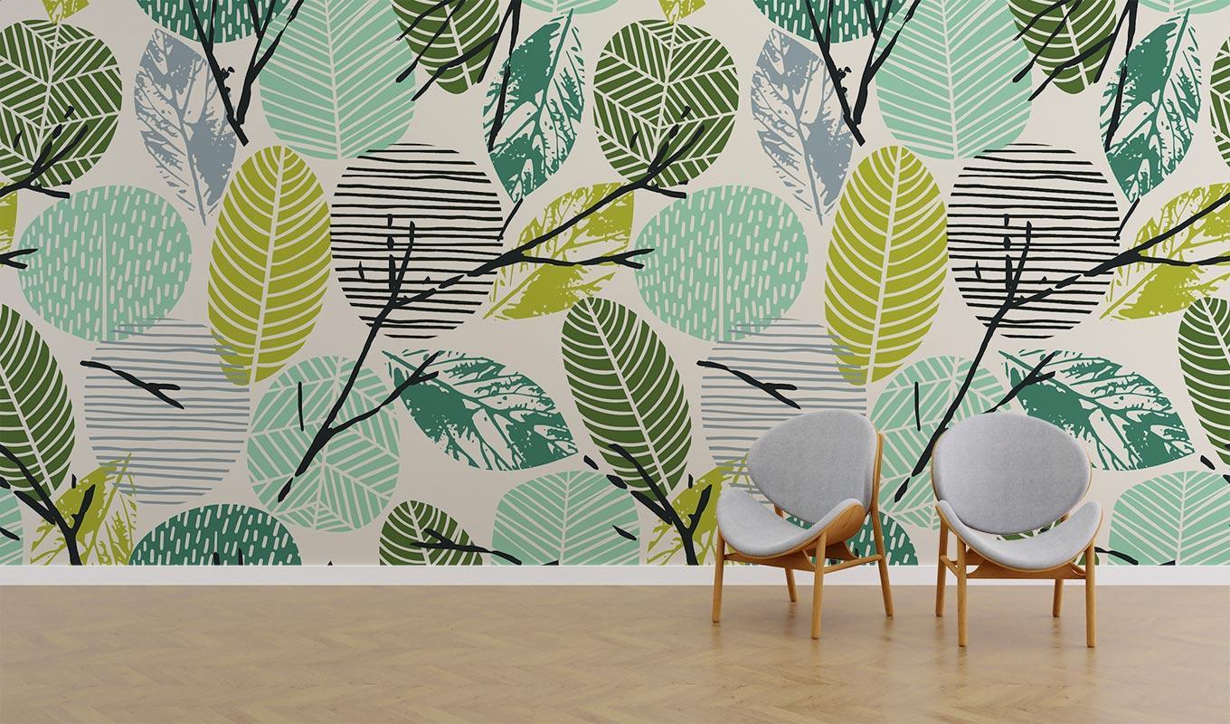 Geometric leaf pattern wallpaper creating a fresh atmosphere in a home office space