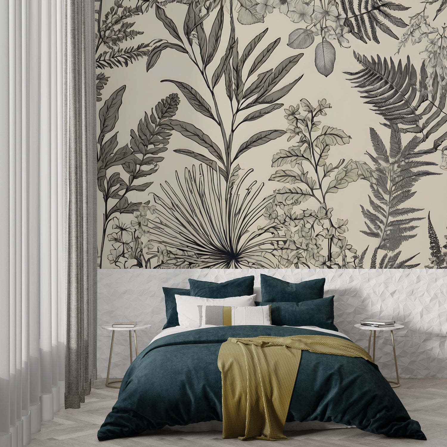 Monochrome botanical wallpaper bringing sophistication to a dining room with detailed tropical leaf designs