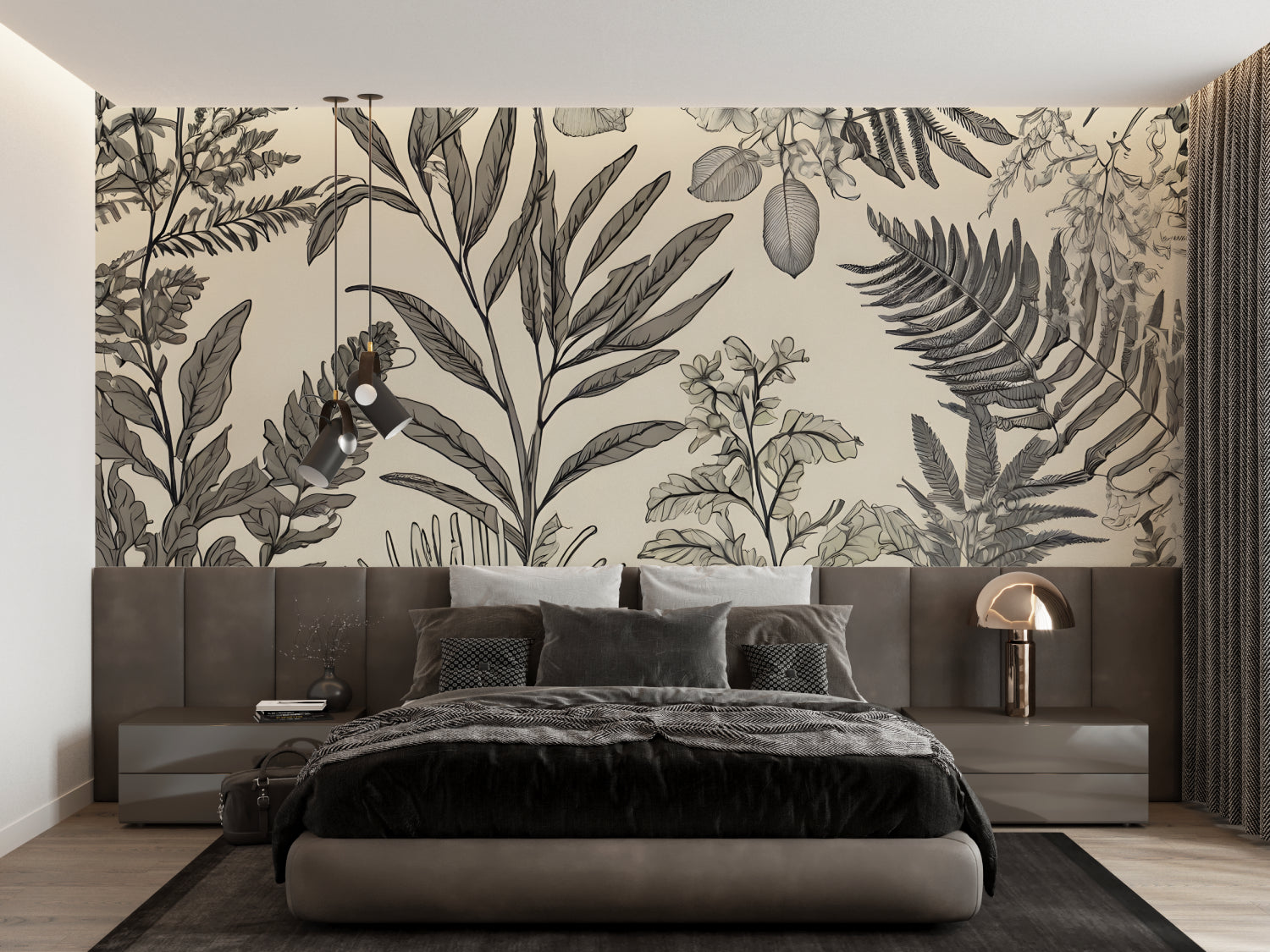 Black and white tropical leaf mural in a bedroom, showcasing delicate botanical line art