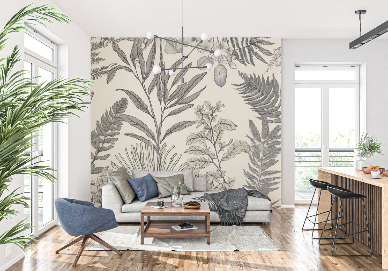 Botanical line art wallpaper adding artistic flair to a home office with elegant palm fronds