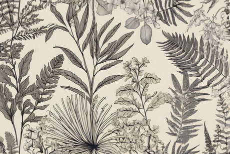 Design file showing intricate tropical botanical line art pattern in monochrome tones