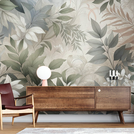Botanical leaf wallpaper with sage green tropical foliage design file showing detailed leaf patterns and soft nature-inspired artwork