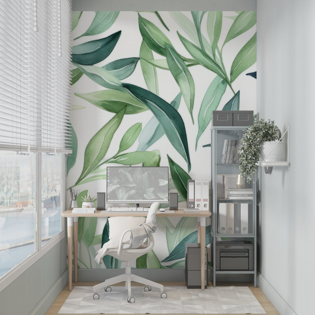 Watercolor tropical mural transforming a home office with natural green tones