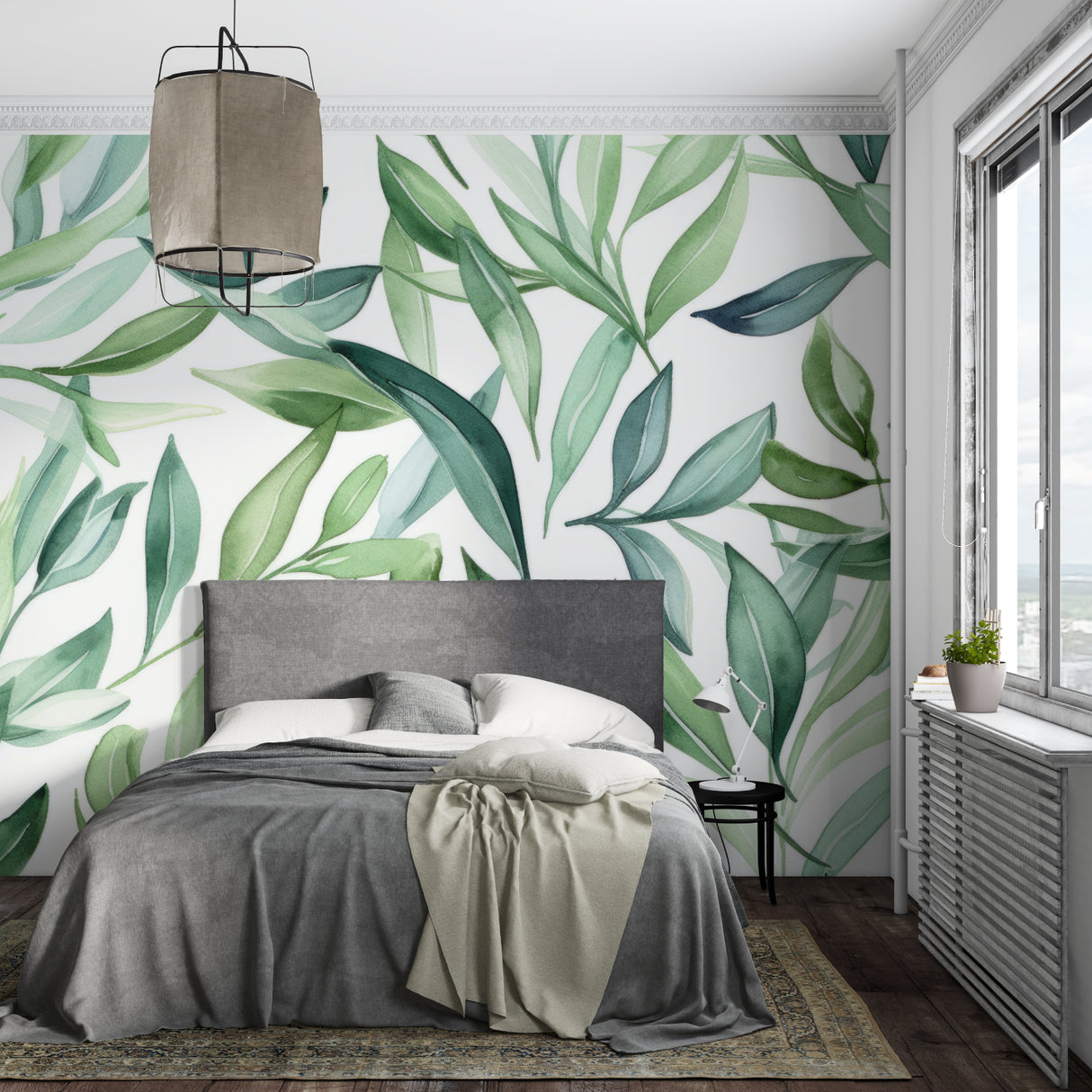 Botanical leaf wallpaper adding depth to a dining room with soft lighting