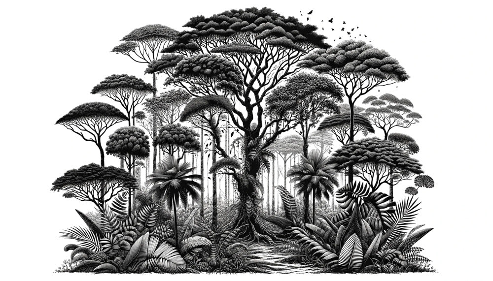 Black and white tropical forest wallpaper design file showing detailed jungle pattern