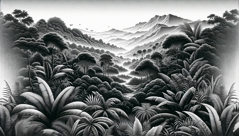 Tropical forest mural design file showing detailed black and white mountain landscape pattern