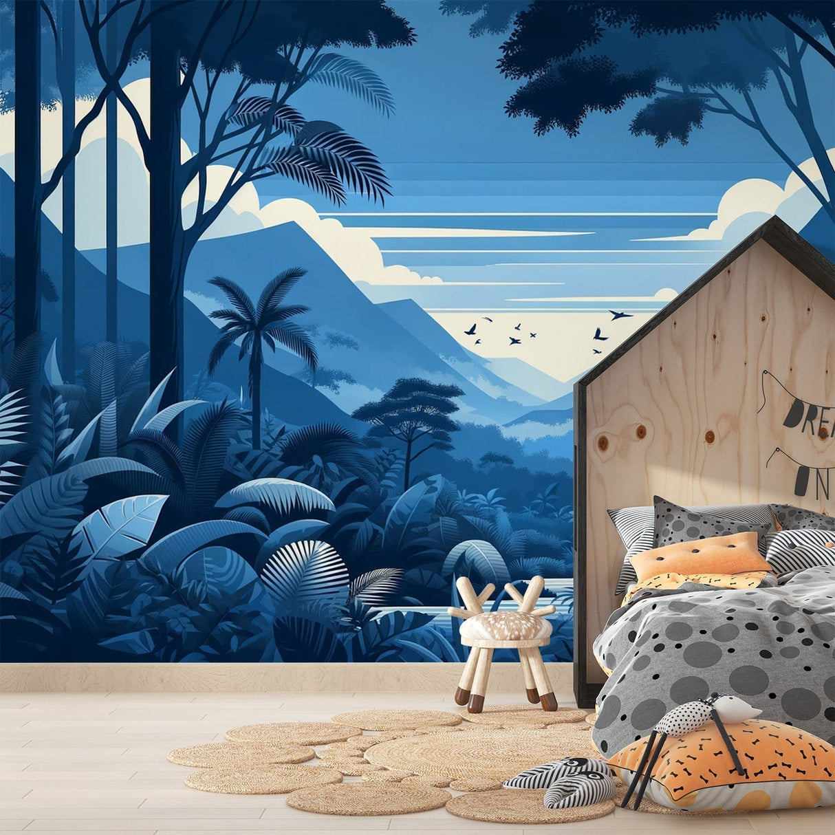 Tropical forest wallpaper with blue mountains creating a calm atmosphere in a modern living room with natural light