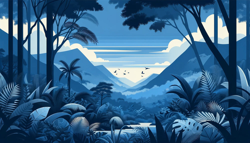 Tropical forest and blue mountain paradise design file showing detailed palm fronds and misty peaks pattern
