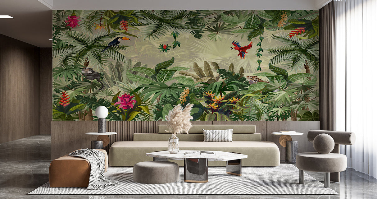 Jungle mural with colorful birds bringing life to a cozy dining room setting