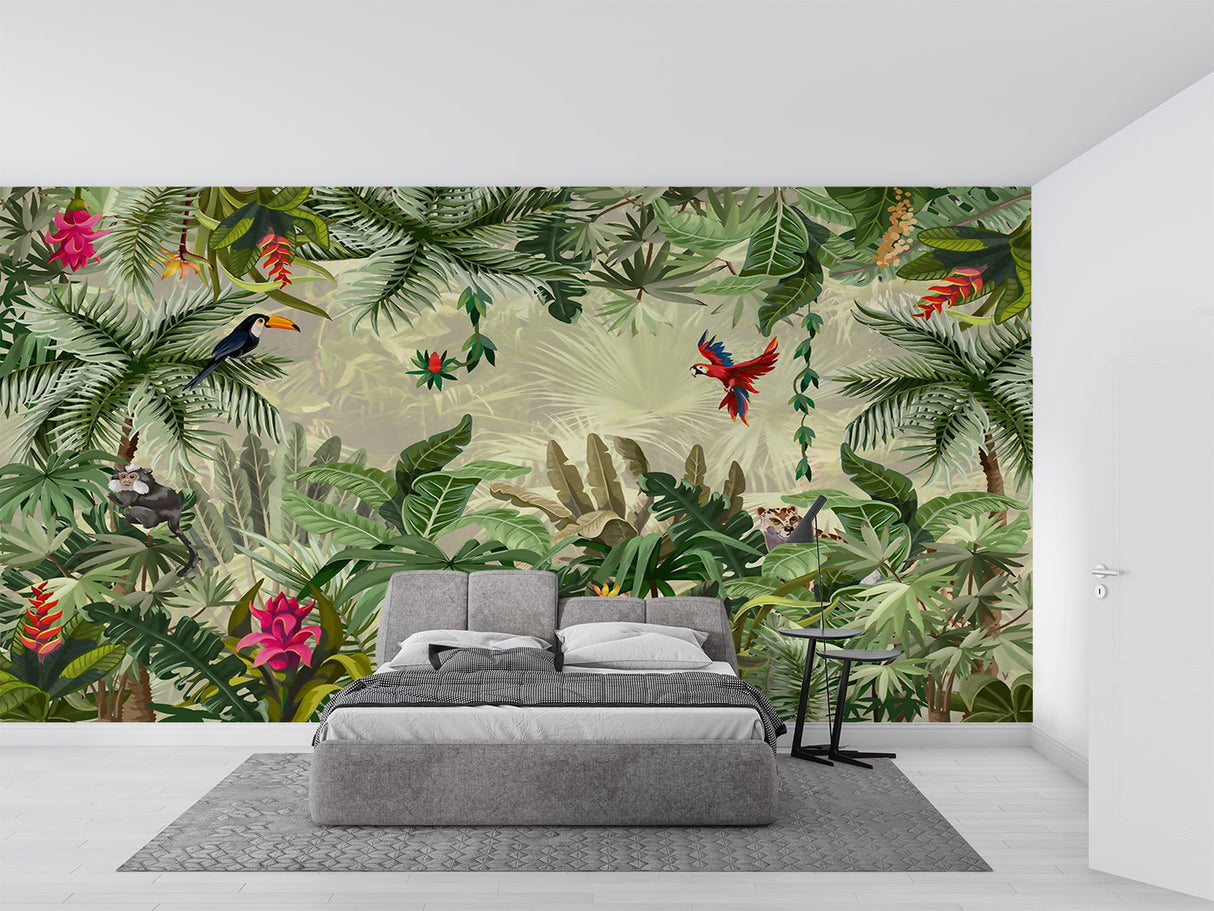 Tropical paradise wallpaper transforming a bedroom into an exotic retreat
