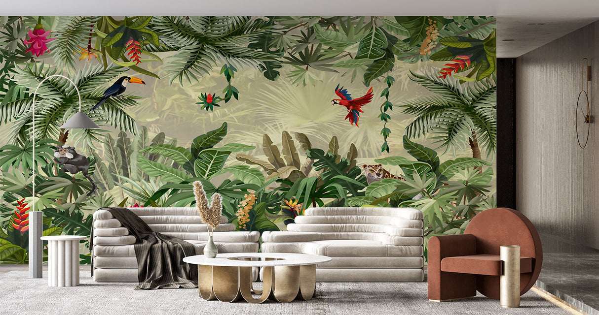 Exotic birds and jungle foliage mural making a statement in a home office