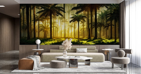 Tropical forest wallpaper creating a warm ambiance in a modern living room with golden sunset palms