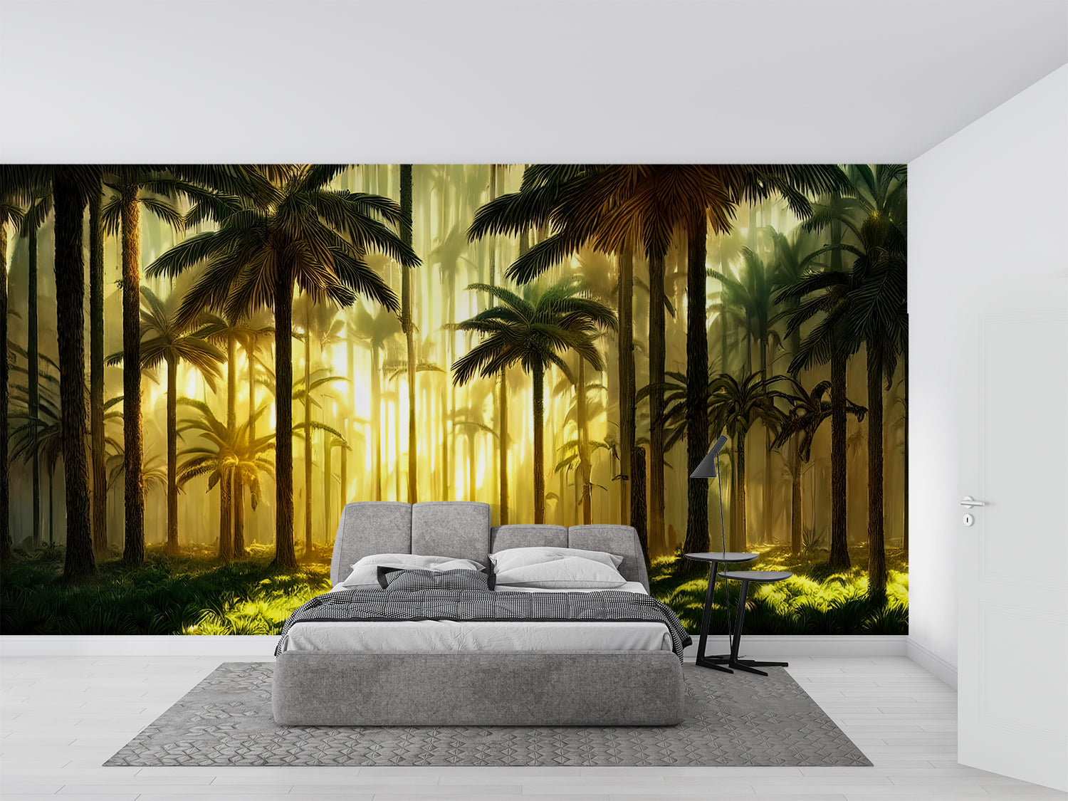 Sunset palm wallpaper adding depth to a dining room with tropical vibes