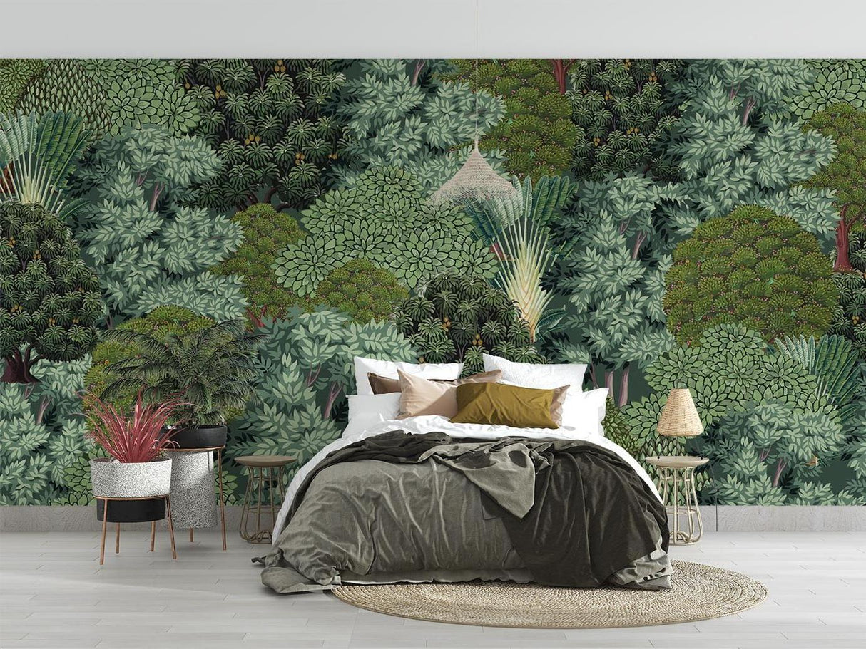Tropical forest wallpaper creating a calm oasis in a modern living room with natural light and minimalist furniture