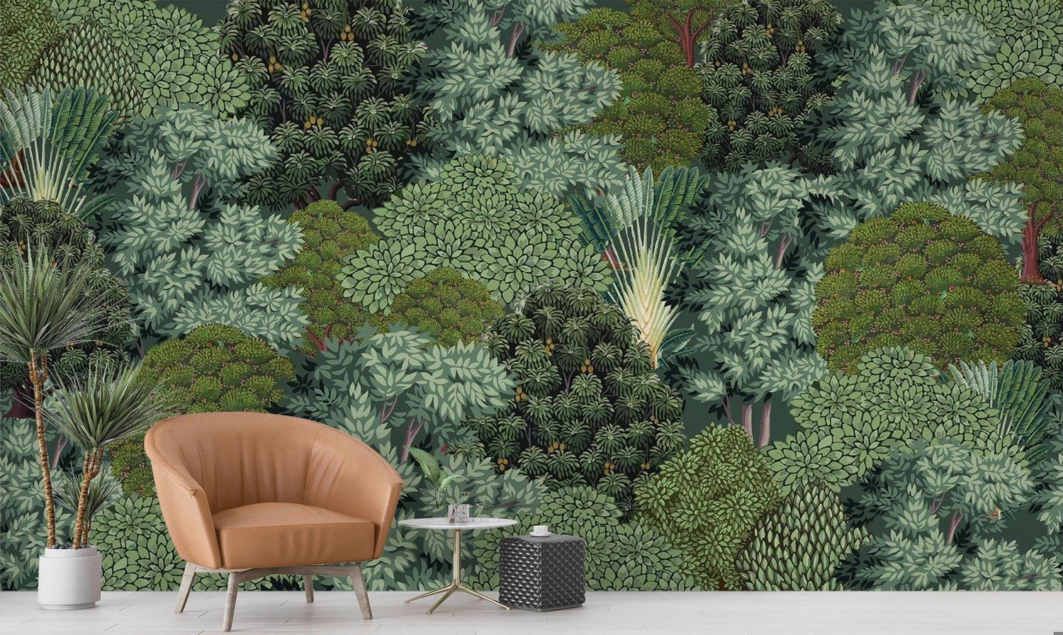 Green palm leaf wallpaper transforming a bedroom into a peaceful tropical retreat