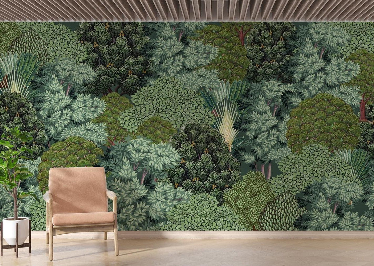 Botanical wall mural bringing fresh energy to a home office with leafy green patterns