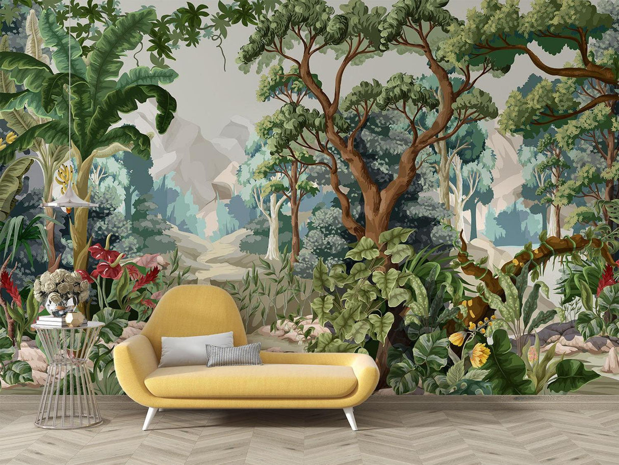 Tropical forest wallpaper in modern living room showing lush jungle design with exotic flora
