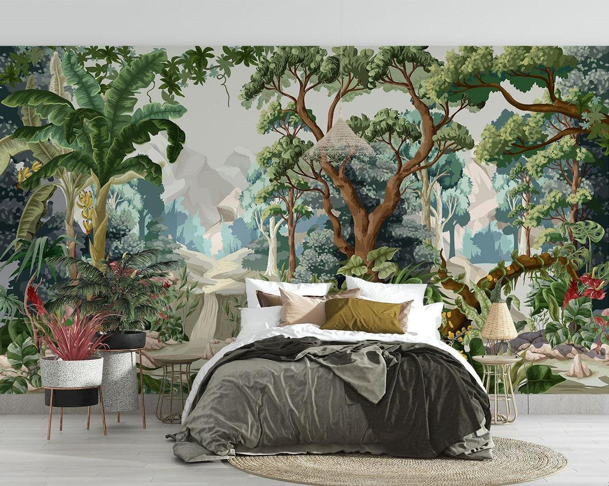 Master bedroom with tropical paradise wallpaper creating serene atmosphere