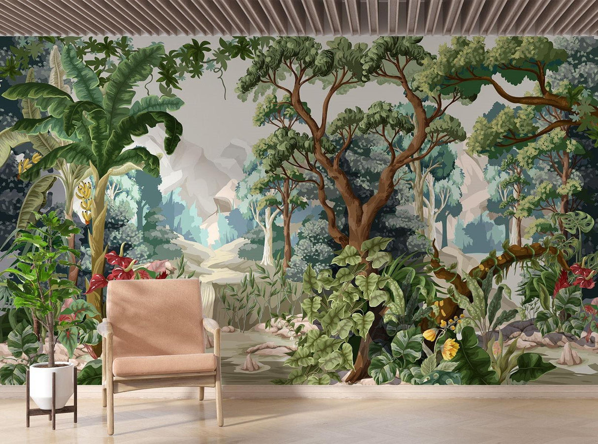 Home office featuring jungle paradise mural wall with green botanical design