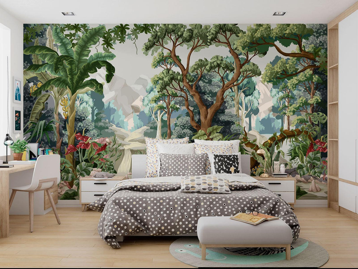 Restaurant interior with tropical forest wallpaper showing depth and texture