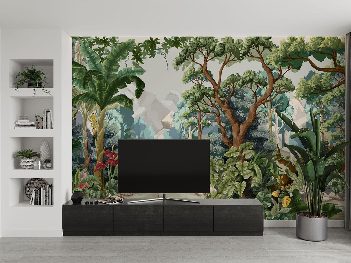 Hotel lobby featuring tropical paradise wall mural with exotic plants