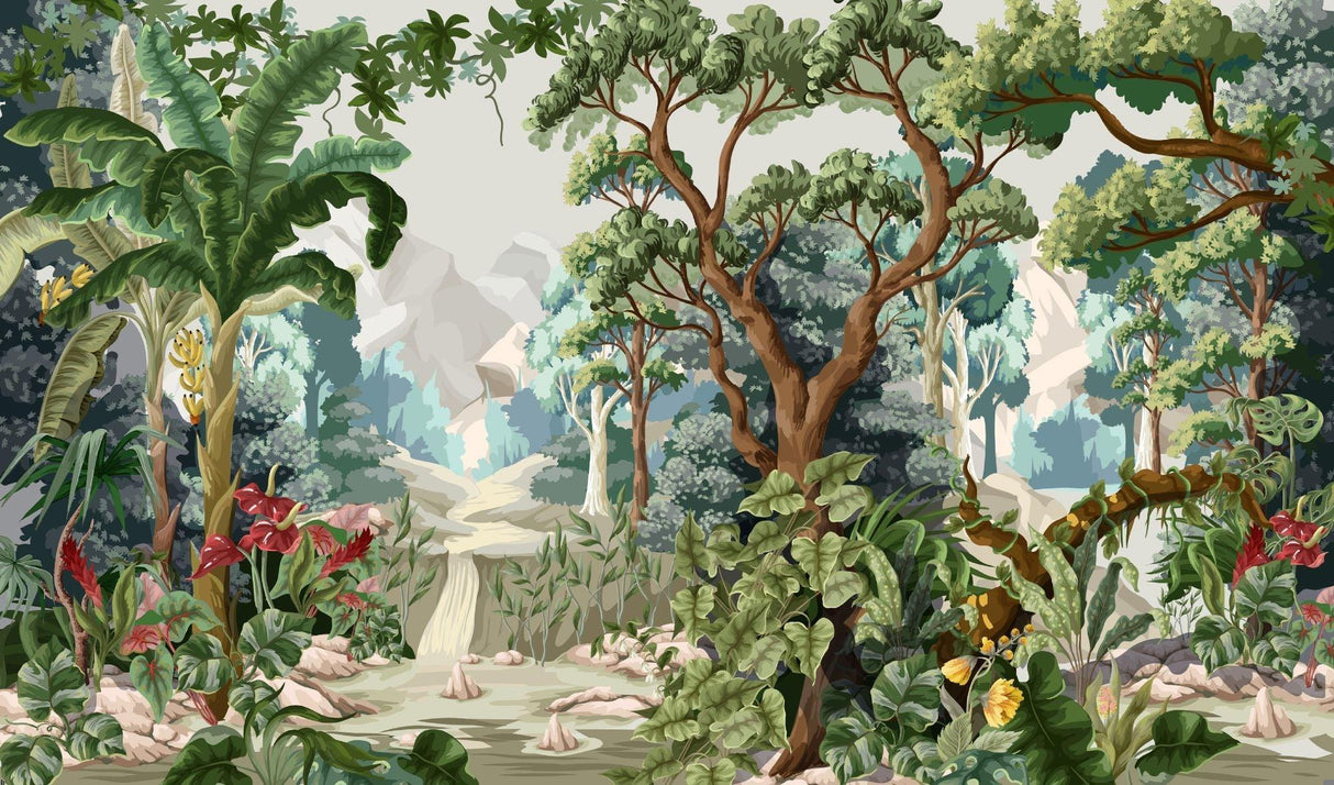 Tropical forest wallpaper design file showing detailed exotic flora pattern