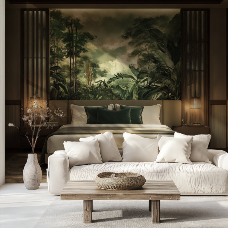 Jungle landscape wallpaper in master bedroom showing morning light