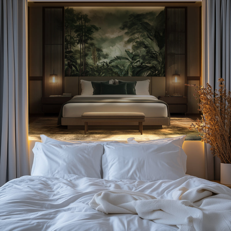 Tropical forest wall mural in hotel lobby showing scale