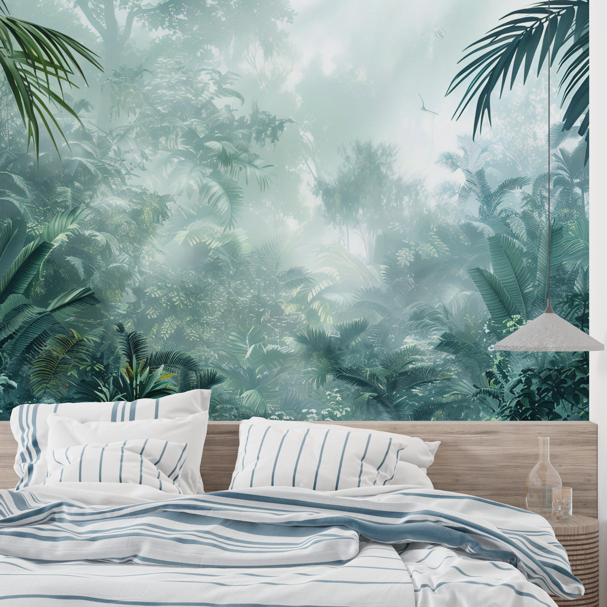 Tropical forest wallpaper creating a peaceful atmosphere in a modern living room with natural light