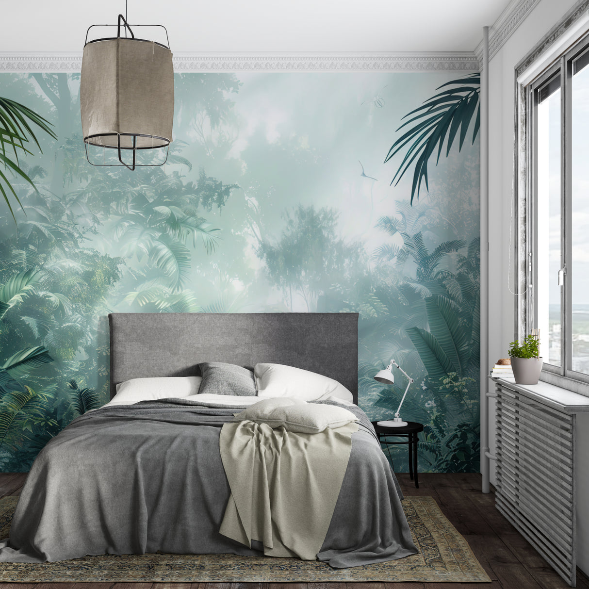 Misty green paradise mural in a cozy bedroom setting with morning light