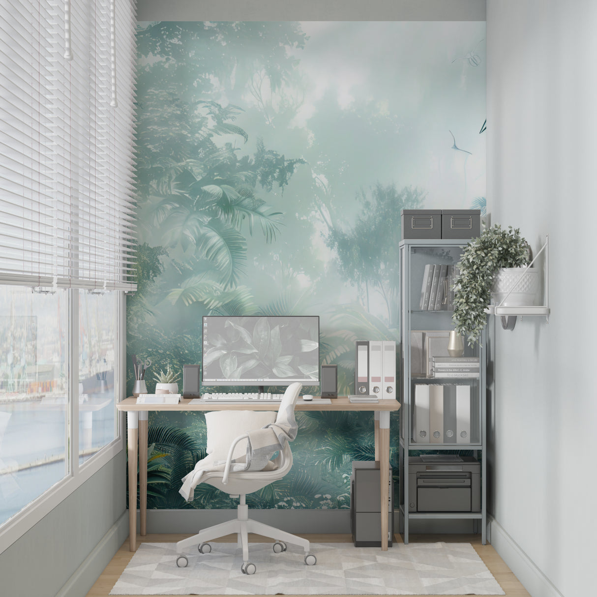 Tropical jungle wallpaper transforming a home office into a calm workspace