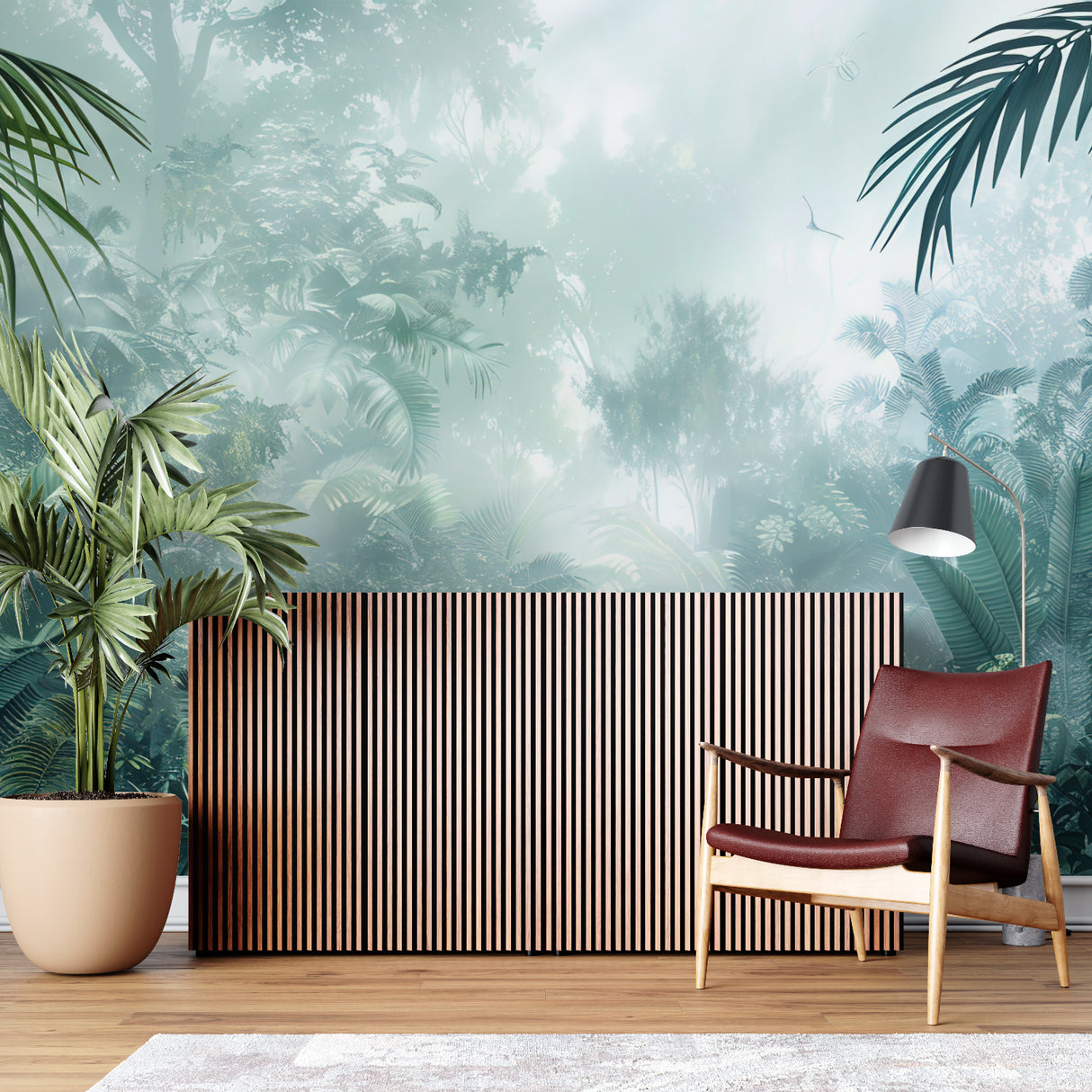 Green forest mural adding depth to a dining room with soft lighting