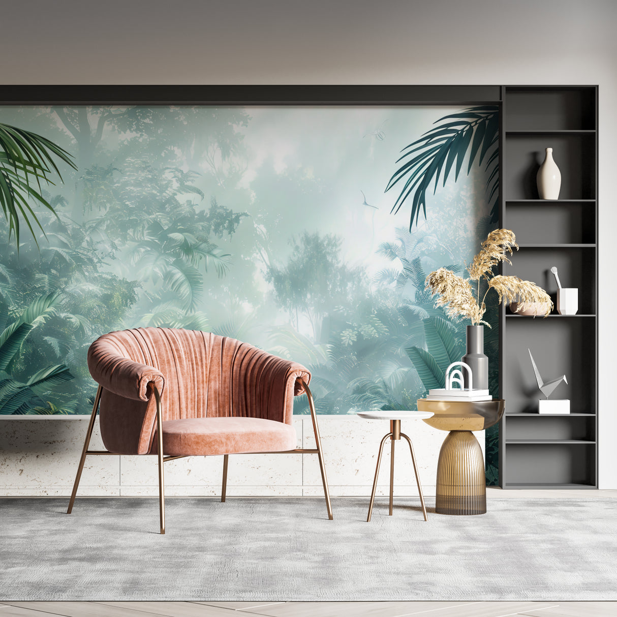 Misty tropical wallpaper bringing nature into a meditation room