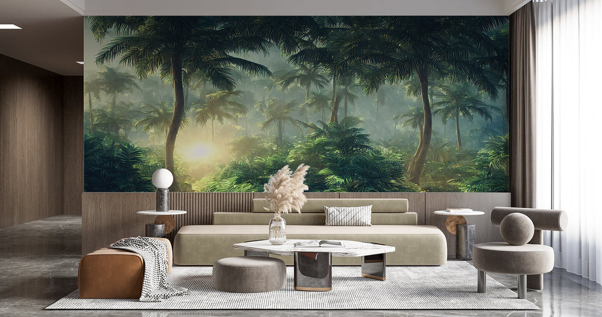 Tropical forest wallpaper creating a serene atmosphere in a modern living room with morning light